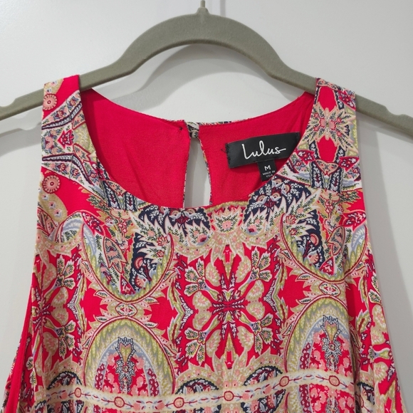 LULUS Design Major Red Print Sleeveless Swing Mini Dress, Moroccan Print, Size M - Picture 3 of 14